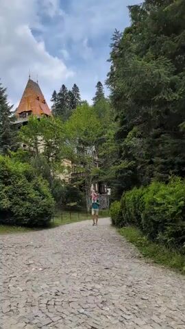 A man with a child on his shoulders walks down a cobblestone path towards a castle. The man is wearing a blue t-shirt and khaki shorts. The child is wearing a pink shirt. The castle is a large, stone building with a red roof and a tall tower. The castle is surrounded by trees and greenery. The sky is cloudy.