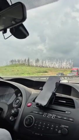The video is filmed from inside a car, looking forward through the windshield. The dashboard is visible in the foreground, with a smartphone mounted on a holder. The car is on a highway, with other vehicles visible in the distance. On the right side of the highway, there is a line of trees that appear to be dead and bleached white, contrasting with the green vegetation in the foreground. A red truck with a gray trailer is driving on the highway in the distance. The sky is overcast and appears to be cloudy. The car is in motion.