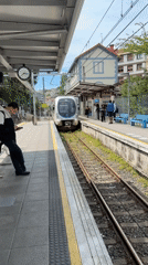 Train arrives at Errenteria station, passenger waits on platform