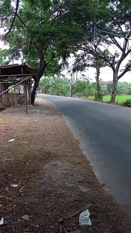 The video shows a cement truck driving down a paved road bordered by trees and vegetation. A motorcycle with two riders passes the cement truck.