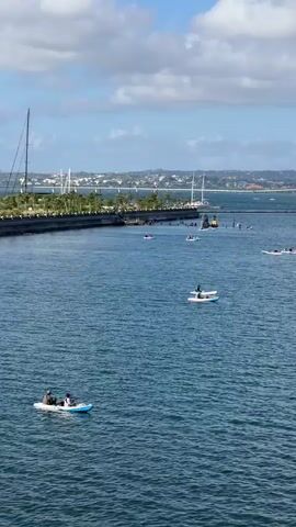 A wide shot captures a body of water filled with numerous small boats and individuals engaged in various water activities. In the foreground, a person is visible on a paddleboard. Further out, several other paddleboards and kayaks can be seen, some with multiple occupants. The middle ground reveals a line of kayaks, possibly a guided tour or group activity. In the background, a long bridge stretches across the water, connecting to land with buildings and palm trees. The sky is partially cloudy, with a bright blue expanse. The overall scene depicts a recreational area with diverse watercraft and participants enjoying the day.