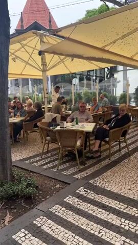 The camera pans across an outdoor cafe with numerous patrons seated under yellow umbrellas at wicker tables and chairs. A waiter is seen serving customers. The cafe is located on a pedestrian walkway paved with small, irregular mosaic tiles. People are walking along the walkway, some passing the cafe. A statue is visible on a building in the background. Trees, some in bloom with purple flowers, line the walkway. Some of the cafe tables are in front of an adjacent building with white walls and black trim. The weather appears overcast.