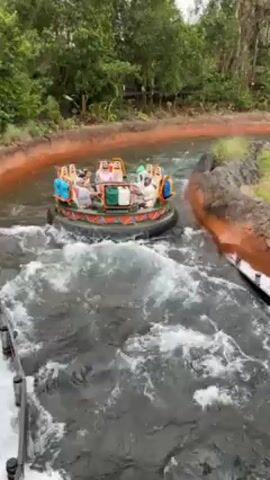 The video shows a raft ride moving through rapids at a theme park. The raft is round, with multiple seats facing inward, and is carrying several people who appear to be enjoying the ride. The water is rushing and creating whitecaps as the raft navigates the course. The raft passes under an archway adorned with dinosaur-like figures on either side. The video appears to be taken from a slightly elevated vantage point, possibly a bridge or platform along the ride's path. The surrounding environment includes lush green vegetation, adding to the immersive feel of the ride. The end of the video captures the wooden railing and deck of the platform, indicating the perspective of the viewer.