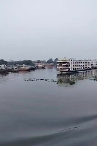 Here is a description of the video:

The video shows a large, multi-decked passenger ferry moving across a body of water, possibly a river. The ferry is mostly white with blue accents and has multiple rows of windows, indicating several levels for passengers. The water is slightly murky, reflecting the sky, which is overcast. There are also some floating plants or vegetation in the water.  In the background, there are several smaller boats docked along the shoreline, with buildings and trees visible in the distance. The overall atmosphere is calm and serene, with a sense of travel and transportation.