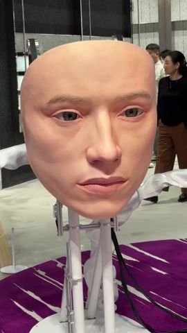 The video features a hyper-realistic face mask of a human head on a stand. The mask is bald and light-skinned with realistic eyes and eyebrows. It is mounted on a white, skeletal frame with wires visible. The background shows a public space with people walking around, including individuals in casual clothing. The floor beneath the mask is covered with a purple and white striped rug. The environment seems to be an exhibit or art installation.
