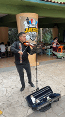 Violinist performs on stone patio in Cuernavaca, Mexico