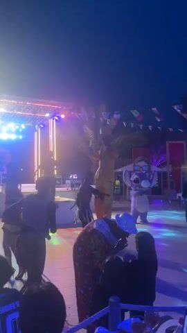 The video shows an outdoor evening event with a stage and lighting. Several people are present, including a person dressed as a clown with a colorful polka-dot outfit and a white hat, and another person in a large animal mascot costume. A person in a suit is also visible, holding a cane or stick and appearing to dance. In the background, there is a large screen displaying a blue color with some flags. Decorative flags are strung across the area. The environment appears to be a festive outdoor gathering, possibly a party or festival, with palm trees visible in the background. Some audience members are seated at tables in the foreground, and one person is holding a phone to record the event.