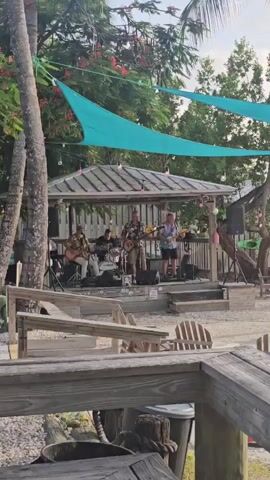 A band is performing on a small stage under a thatched roof gazebo. Two palm trees frame the scene, and turquoise sails are strung above. The band consists of four men playing guitars and drums. In the foreground, there are wooden tables and chairs, suggesting an outdoor dining or seating area. Beyond the stage, a body of water is visible with boats docked and a distant boat on the horizon. The overall atmosphere appears relaxed and casual, possibly a bar or restaurant by the water.