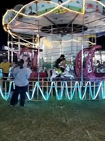At night, a small carousel is operating in a grassy field. There are several people riding the carousel, which features decorative horses and crescent moons. The carousel is lit with yellow string lights on the roof and turquoise neon lights outlining the safety fence. A woman stands outside the fence, facing the carousel. Other people are visible standing and watching nearby.