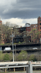 Spring foliage frames New York brick buildings amid highway traffic
