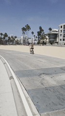 Cyclists and scooters cruise Santa Monica's sunny beachfront path
