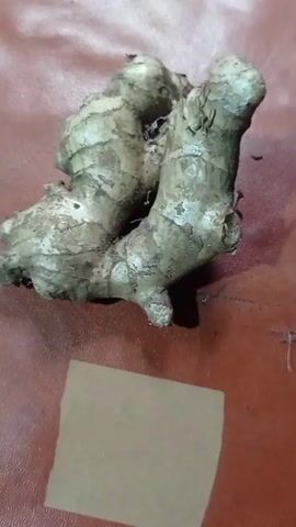 A close-up, overhead shot shows a piece of ginger root on a brown, textured surface. A small, brown, square piece of paper is positioned in front of the ginger. The ginger is rough and gnarled with visible segments and dirt clinging to it. The lighting is dim, and the image is slightly grainy.