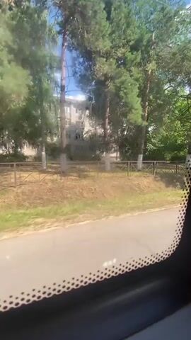 This video shows a view from a vehicle moving along a paved road in Akhtyrskiy, Russia. The scenery outside the window consists of a grassy verge bordering the road, a metal fence, and trees. In the background, there are multi-story buildings, some with visible windows. The trees are predominantly coniferous, with some deciduous trees interspersed. White paint has been applied to the lower trunks of several trees, a common practice to protect them from pests and the elements.

The time of day appears to be daytime, with sunlight casting shadows and illuminating the scene. The weather seems pleasant, with a clear blue sky visible through the tree canopy. The presence of a pedestrian crossing sign indicates that this is likely an urban or suburban area. The overall atmosphere is calm and ordinary, depicting a typical drive through a populated area in Russia. No people are clearly visible in the frame. The video is shot from a slightly angled perspective, looking out of the side window of the vehicle. The edge of the window with its dotted pattern is visible in the foreground.