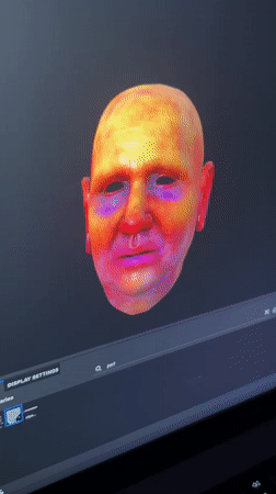 3D head model transitions from colorful to realistic on laptop