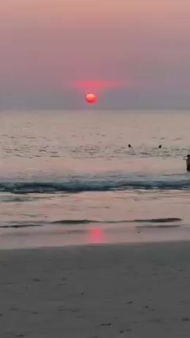 The video shows a beach scene at sunset. The sun is a large red orb on the horizon, casting a reflection on the water. There are four people in the water, one of whom is walking towards the shore. The waves are small and gentle, and the sand on the beach is wet and reflective. The sky is a mix of pink and gray hues.