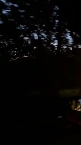 The video shows a view from a moving vehicle at dusk or dawn. The camera pans to the left, capturing houses and trees along a road. The sky is a deep blue with a hint of lighter color near the horizon. Some houses are visible with lights on. The trees are dark silhouettes against the sky, and some have blurred green leaves due to the motion. A side mirror of the vehicle is visible in the lower right corner of the frame.