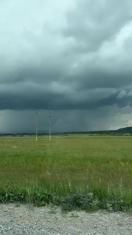 The video shows a cloudy, overcast day with a dark storm cloud in the distance. The foreground has a green field, two thin poles, and some cows grazing. The video pans slightly to the left, showing more cows grazing in the field. The horizon features mountains in the distance.
