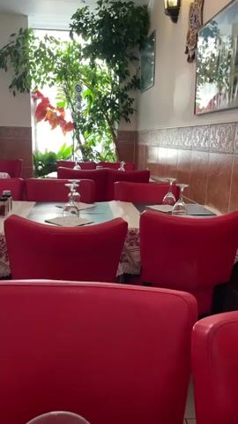 The video shows the interior of a restaurant. The scene is composed of rows of tables covered with white tablecloths and set with red chairs. Several tables are visible, each with two wine glasses and a white napkin. Large potted plants with green leaves and red flowers are placed by a window, allowing natural light to illuminate the room. The walls are adorned with a mosaic-like tile pattern in shades of brown and beige. The camera pans slightly to the right, revealing more tables and chairs. The overall ambiance suggests a clean and inviting dining space. There are no people visible in the video.