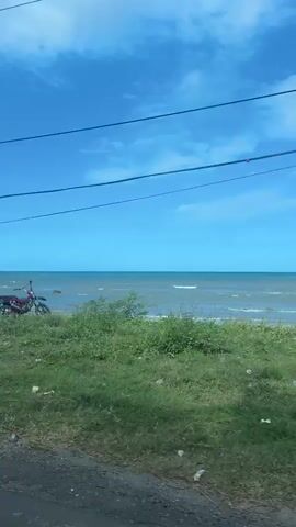 The media file shows a view from a moving vehicle along a coastal road in Baruga, Indonesia. The scene is dominated by a bright blue sky with scattered clouds. The sea is visible in the distance, with gentle waves. The foreground is a rough, unpaved road bordered by lush green vegetation.

In the initial frames, a red motorcycle is parked on the side of the road, near the dense foliage. As the vehicle moves, the vegetation continues to line the road, with glimpses of the ocean through the leaves. Later, a small, rustic settlement comes into view. Clothes are seen hanging on a clothesline in front of a simple wooden structure. Piles of tires and logs are scattered near the dwellings. In the background, a person is visible near the water's edge.

The time of day appears to be daytime, likely morning or afternoon, given the bright sunlight. The weather seems fair and clear. The location cues of the sea, the vegetation, and the simple coastal dwellings suggest a tropical or subtropical environment. The overall mood conveyed is one of a casual journey through a rural, coastal area. There is no visible text in the media file.