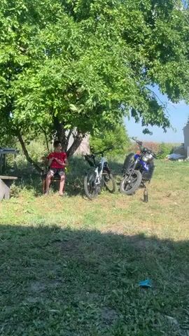 A young male in a red shirt and dark shorts sits on a chair under a large, leafy tree. To his right, a bicycle and a motorcycle are parked. The motorcycle has a blue fuel tank and a black seat. A dark bottle stands upright on the ground next to the motorcycle. The background shows a brick building with an open doorway, a wooden fence, and some vegetation. The ground is covered in grass. The sky is blue with a few white clouds. The scene appears to be in a rural or backyard setting on a sunny day.