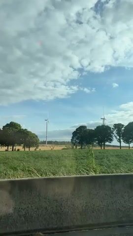 A video shot from a car shows a rural landscape. In the foreground, there is a concrete barrier, possibly a highway divider. Beyond the barrier, a line of trees runs horizontally across the frame, with a field of grass and hay bales behind them. In the distance, a wind turbine is visible against a cloudy blue sky. The video appears to be recorded during the daytime. There are no people or animals clearly visible in the frame, though there are some blurry reflections in what appears to be a window.
