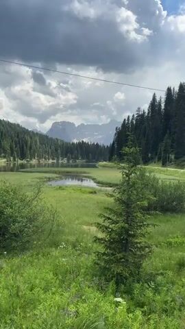 This is a vertical, eye-level video of a serene natural landscape. The scene is a grassy meadow dotted with wildflowers and a small pond, bordered by a dense forest of evergreen trees. In the background, a large lake is visible, with majestic mountains rising behind it, their peaks shrouded in clouds. The sky is dramatic, with dark, heavy clouds interspersed with patches of brighter sky, suggesting a brewing storm or recent rain. The overall mood is peaceful and picturesque, evoking a sense of tranquility and the raw beauty of nature. The presence of a single power line across the top of the frame is the only hint of human intervention in this otherwise untouched vista. The time of day is likely afternoon, given the lighting. There is no visible text within the frame.