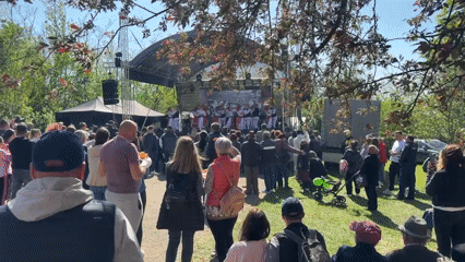 Traditional Romanian dancers perform for crowd in Gaura Sângerului