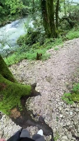 The video shows a person walking on a gravel path through a forest. The path is lined with green vegetation and trees, some covered in moss. A river flows rapidly alongside the path, visible through the trees. The person is wearing grey pants and white shoes. The camera appears to be handheld, moving along with the person as they walk. The scene is lush and green, suggesting a damp or forested environment.