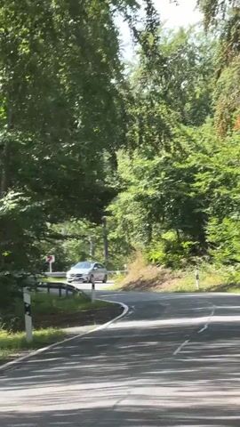 A silver Mercedes-Benz B-Class drives on a winding, tree-lined road. The car is seen from the front, approaching the viewer. The road has white lane markings and guardrails on the side. Trees with green leaves surround the road, and the sunlight filters through them. There are no people visible inside the car.