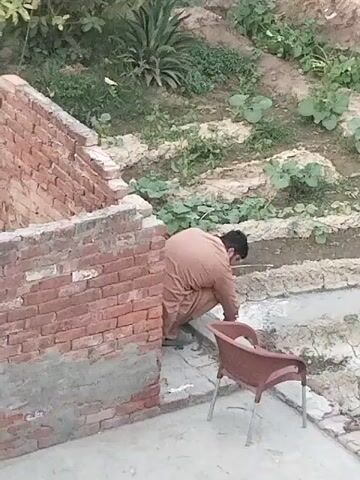 The video shows an outdoor scene in what appears to be a residential or rural area. A man, dressed in light brown traditional clothing (likely a shalwar kameez), is the central figure. He is crouched down near the edge of a paved area, seemingly engaged in some activity close to the ground. His hands are out of view, but he appears to be tending to something or performing a task at ground level.

To his left, there is a partially constructed or weathered brick wall, made of red bricks with visible mortar. A red plastic chair with metal legs is positioned in front of him, on the paved surface. Behind the man and the chair, the terrain slopes upwards, revealing a terraced garden or planted area with various green plants and loose soil. Some larger, spiky-leaved plants are visible further up the slope. The ground in the garden area appears somewhat dry and tilled.

The scene is illuminated by natural daylight, suggesting it is daytime. No specific time of day (morning, afternoon) or weather conditions beyond clear skies can be determined. There is no visible text or discernible emotion from the man. The general aesthetic, including the brickwork and vegetation, is consistent with the provided location context of Dera Chahal, Pakistan.