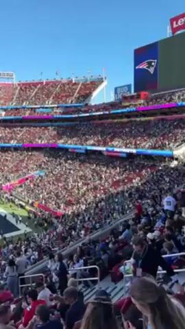 The video shows a football game, with the stands full of spectators. The stadium is packed with people in the stands. The field is green, and the sky is clear and blue. There is a large screen displaying game information. There are people walking around the stands. The team’s name ‘SEAHAWKS’ is on the field.