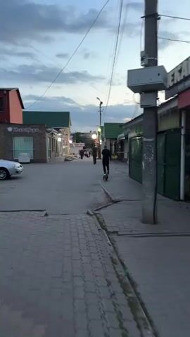 The video depicts an outdoor scene at dusk. A paved walkway stretches into the distance, bordered by single-story buildings with green roofs and closed storefronts. Overhead, utility lines crisscross the sky. Several people walk away from the camera down the walkway. Most notably, a small dog with a green light attached to its collar trots ahead of a man in a black jacket. To the left, a silver car is parked near a building with a white shuttered door. A utility pole is visible on the right. The sky is overcast with shades of blue and grey.