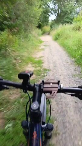 The video is a first-person point-of-view shot from a bicycle's handlebars as it travels along a dirt path. The path is surrounded by greenery, including tall grass and trees. The bicycle has a black handlebar with a red light mounted on it. A brown phone mount is also attached to the handlebars. The bike appears to be moving at a moderate pace, and the camera's motion creates a slight blur effect. The path ahead is visible and appears to curve slightly to the left. The overall scene suggests a ride through a natural, wooded environment.