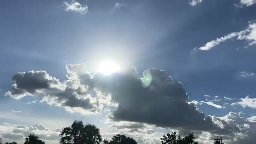 The video shows a view of the sky on a sunny day. A bright sun is partially obscured by a large, puffy cloud. The sky is blue, with other smaller, white clouds scattered around. Trees are visible in the foreground. The video is shot from a low angle, looking up.