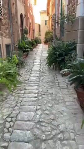The video depicts a narrow alleyway with a cobblestone pavement, lined with buildings on both sides. The buildings are predominantly made of stone and brick. Potted plants and greenery adorn the sides of the alley, adding a touch of nature to the urban setting. The alleyway appears to be well-maintained and peaceful.