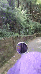 Motorcyclist in purple jacket rides paved road in Dharamkot