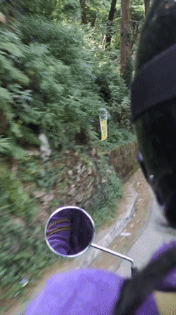 Motorcyclist in purple jacket rides paved road in Dharamkot