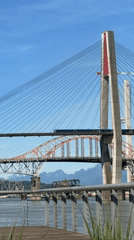 Waterfront park views of New Westminster suspension bridge