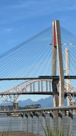 Waterfront park views of New Westminster suspension bridge