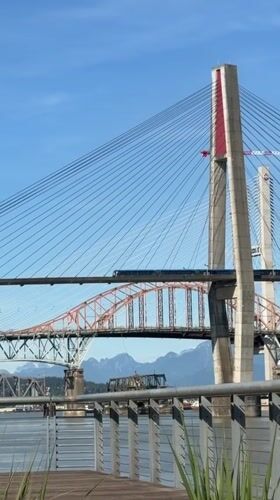 Waterfront park views of New Westminster suspension bridge