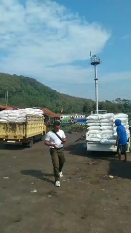 The video shows a man in a white shirt and khaki pants walking in a dirt lot toward the camera, while two men in blue hooded shirts load white sacks from a truck onto boats. The sacks are stacked high in the back of the truck. A smaller yellow truck is to the left. There are stacked blue and yellow containers to the right. The boats are docked at a concrete pier covered in green vegetation. The water is calm and the sky is blue with a few clouds. There is a metal tower with a light on top in the background. The video ends with a shot of several boats docked in the water.
