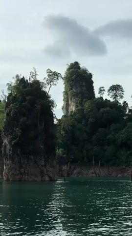The video shows a boat moving through a body of water, likely a lake or a calm sea, with dramatic limestone karsts rising out of the water. These karsts are tall, jagged rock formations covered in lush green vegetation and trees, some of which grow precariously on the cliff faces and summits. The water is a deep, opaque turquoise color. The sky is overcast with soft, diffused light and scattered clouds. The camera pans slowly, capturing the scale and grandeur of the natural landscape. The movement of the boat creates gentle ripples on the water's surface. No people are visible, and the focus is entirely on the geological formations and the surrounding environment.