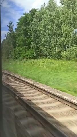 The video shows a view from a moving train. Train tracks are visible in the foreground, with the landscape blurring past on the right side. The landscape consists of green grass and trees, with a power pole visible on the right. The sky is partly cloudy. The timestamp indicates the video is playing at normal speed.