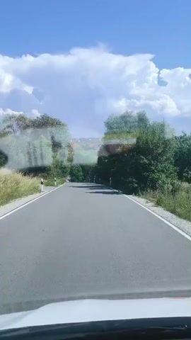 The video shows a first-person view from a vehicle driving on a road. The road is paved and has a white line marking the edge. The scene is rural, with trees and greenery on both sides of the road. In the distance, there are houses and buildings, suggesting a small town or village. The sky is blue with scattered white clouds, indicating it is daytime and likely pleasant weather. The trees appear lush and green, consistent with a warm season. There are no people or animals clearly visible in the immediate foreground, but there are some indistinct shapes on the road further ahead, possibly other vehicles or pedestrians. There are also some road signs, specifically white poles with black and white markings, used to mark the edge of the road or potential hazards. Reflections on the windshield are visible, obscuring some details of the passing scenery. The overall mood is peaceful and serene, typical of a scenic drive. The specific location context is Jena, Germany, which suggests the scenery might be characteristic of the German countryside. No text is clearly legible in the video.