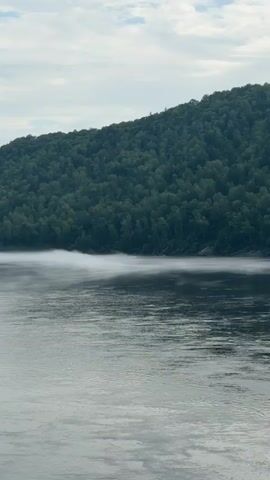 The video shows a wide river with a thick layer of fog on the surface, obscuring the lower portions of tree-covered hills that rise steeply from the water's edge. The sky is overcast with a few scattered clouds. The camera pans slowly to the right, revealing more of the river and the undulating, forested landscape. There are no people or man-made objects visible. The overall atmosphere is serene and natural.