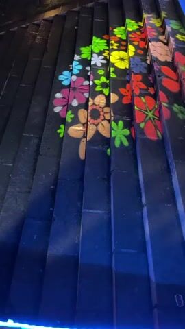 The camera is aimed upwards at a set of dark gray steps illuminated by projected, colorful flower patterns. The flower projections vary in color, including red, yellow, green, purple, pink, blue, and bronze. The illumination appears to change in color, tinting the bottom of the steps with a subtle blue or purple glow. The ambient lighting suggests it is nighttime. The camera remains static throughout the video.