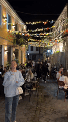 Evening dining scene unfolds in decorated Xanthi streets