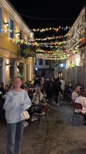 Evening dining scene unfolds in decorated Xanthi streets