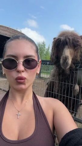 A woman with dark hair, wearing sunglasses, a brown halter top, and a cross necklace, takes a selfie video in front of a camel. The camel is behind a fence and has shaggy brown fur. The woman makes faces at the camera, puckering her lips and smiling. The background shows a wooden structure, a fence, and trees. The sky is blue with some clouds.