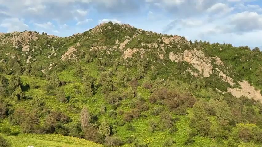 A time-lapse video shows a mountain range covered in green vegetation and rocky outcrops. The sky above is cloudy, with patches of blue visible. The sun appears to be setting, casting a warm glow on the landscape. The vegetation is lush and vibrant, with a mix of trees and grasses. The rocks are rugged and varied in color, ranging from light brown to dark gray. The clouds in the sky are constantly shifting and changing, creating a dynamic and ever-evolving scene. The overall impression is one of natural beauty and tranquility.
